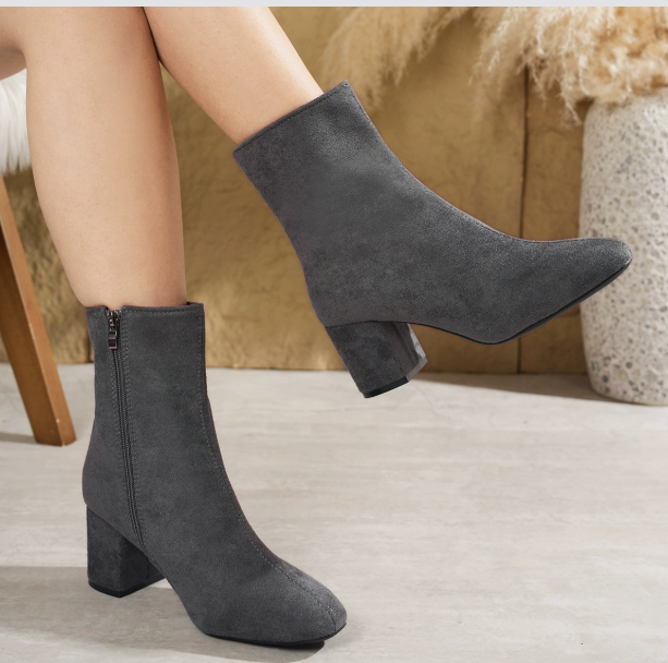Thumbnail: White Ankle Boots for Women 2024 Side Zipper Stretch Middle Heel Large Size Shor