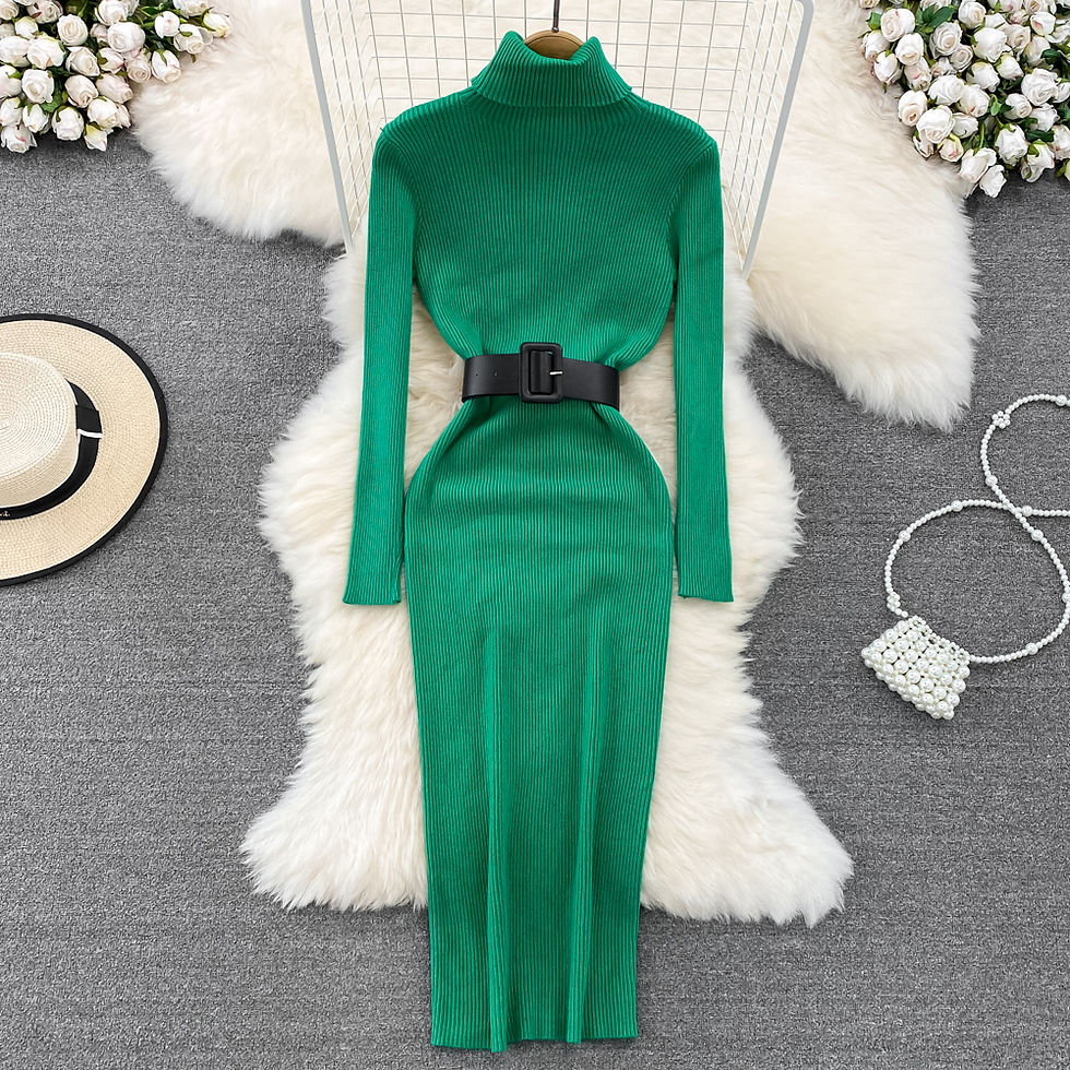 Thumbnail: REALEFT Autumn Winter 2025 New Turtleneck Women's Knitted Dresses with Belted Lo