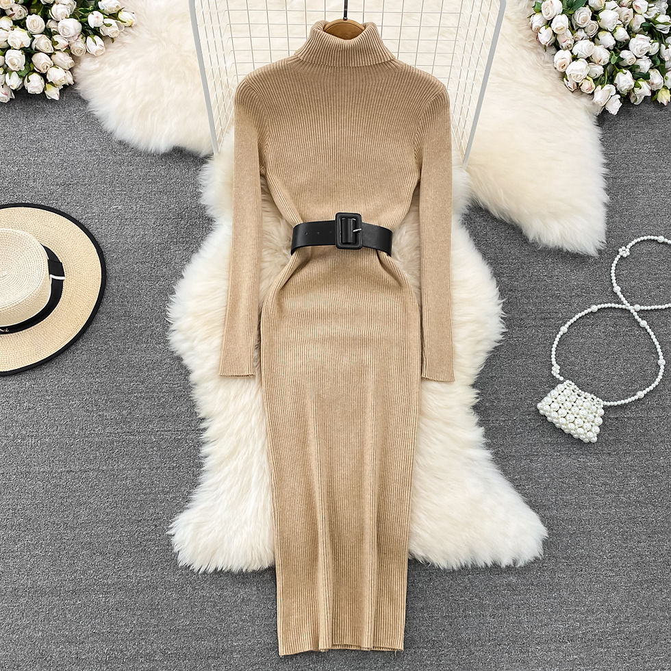 Thumbnail: REALEFT Autumn Winter 2025 New Turtleneck Women's Knitted Dresses with Belted Lo
