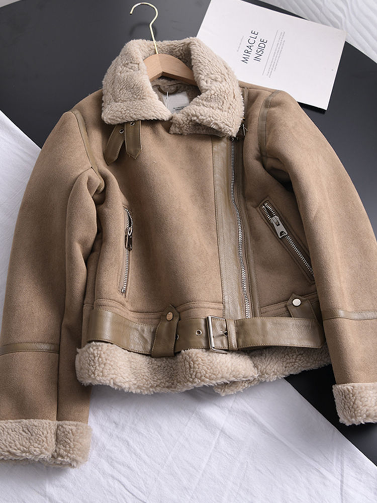 Thumbnail: Ailegogo Winter Women Thick Warm Suede Lamb Jacket Short Motorcycle Brown Coats 