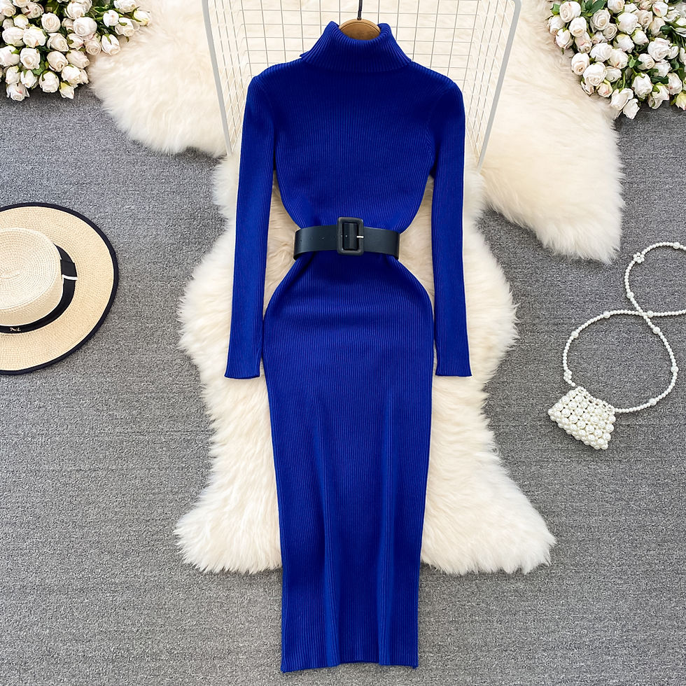 Thumbnail: REALEFT Autumn Winter 2025 New Turtleneck Women's Knitted Dresses with Belted Lo