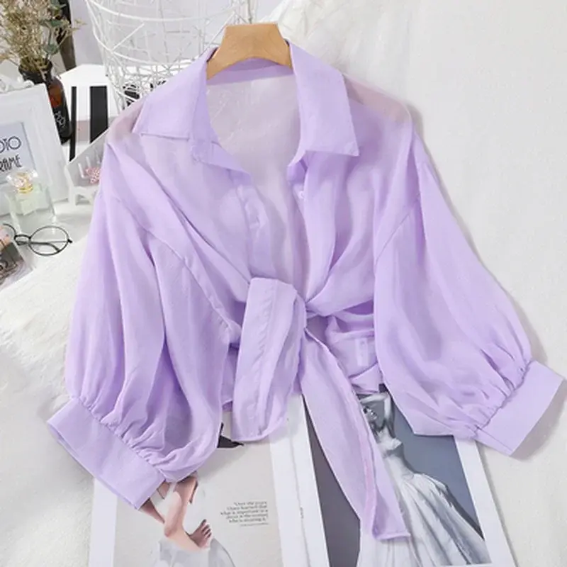 Thumbnail: Casual Loose Hollow White Clothes Elegant Solid Color Tied Waist Blouse Women Su