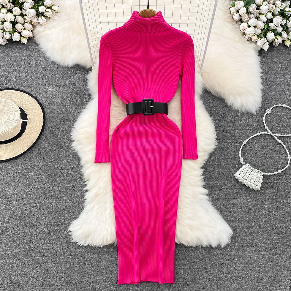 Thumbnail: REALEFT Autumn Winter 2025 New Turtleneck Women's Knitted Dresses with Belted Lo