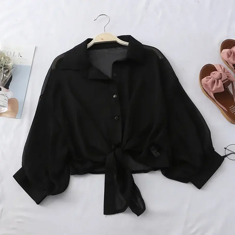 Thumbnail: Casual Loose Hollow White Clothes Elegant Solid Color Tied Waist Blouse Women Su