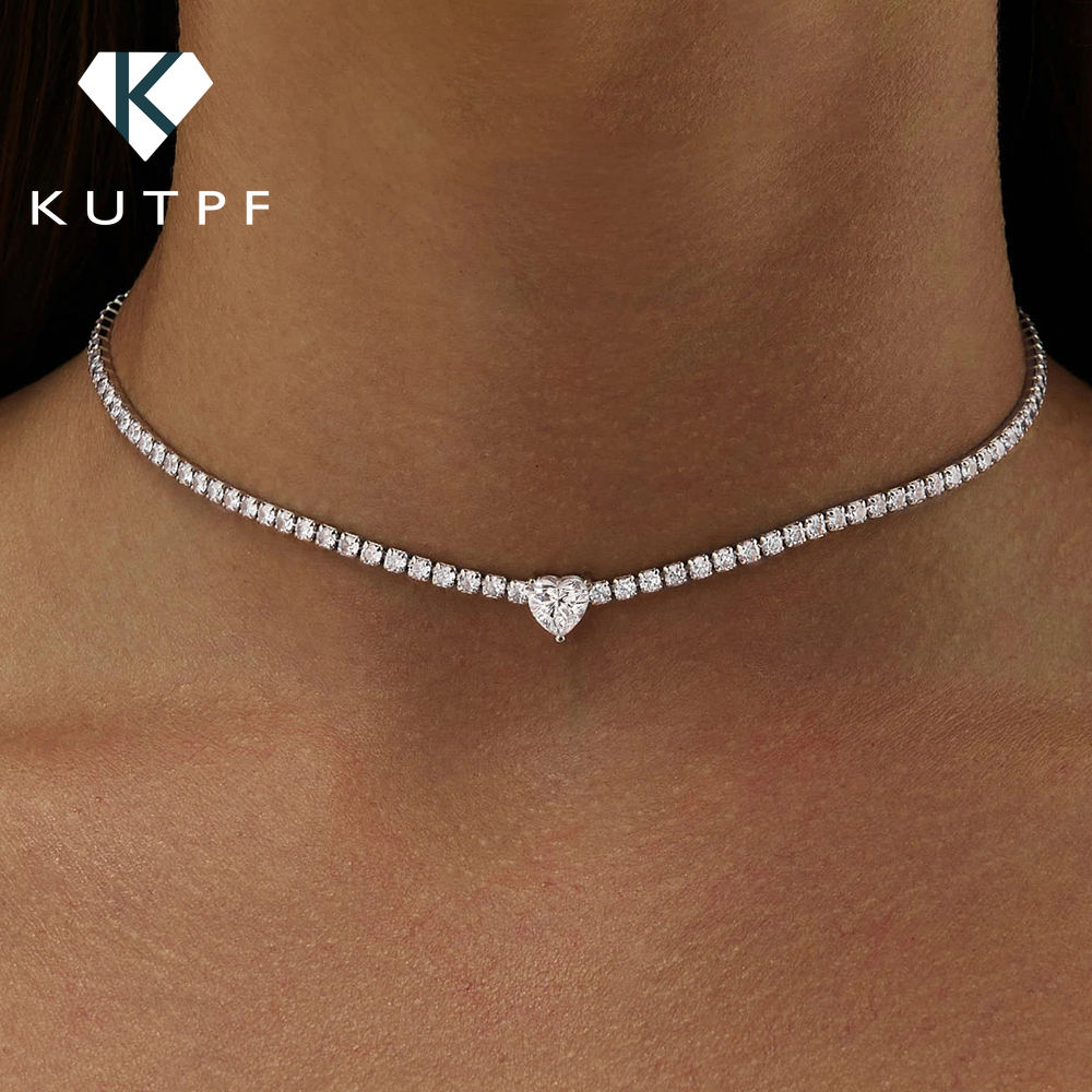 2mm Full Moissanite Diamond Tennis Necklace With Heart Cut Diamond Riviera Neckl