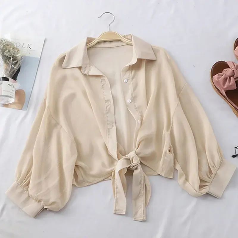 Thumbnail: Casual Loose Hollow White Clothes Elegant Solid Color Tied Waist Blouse Women Su