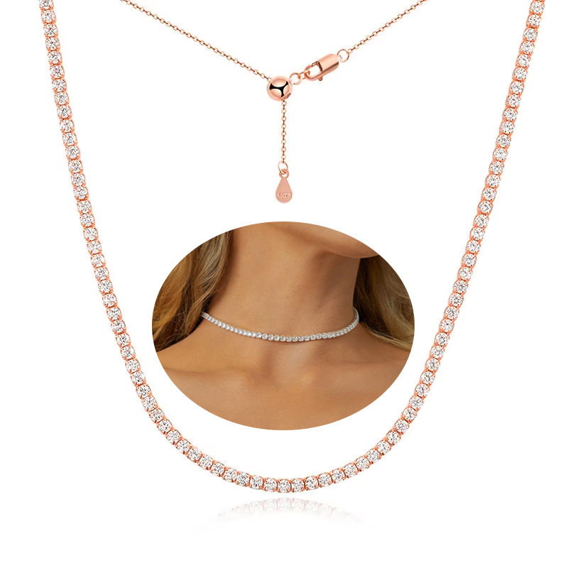 Thumbnail: 2mm Full Moissanite Diamond Tennis Necklace With Heart Cut Diamond Riviera Neckl