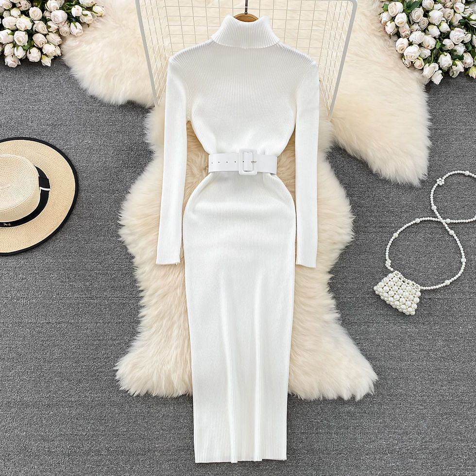 Thumbnail: REALEFT Autumn Winter 2025 New Turtleneck Women's Knitted Dresses with Belted Lo