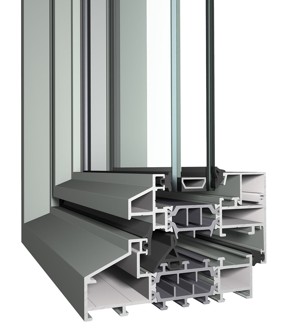 Cross-section of a steel look aluminium window frame.