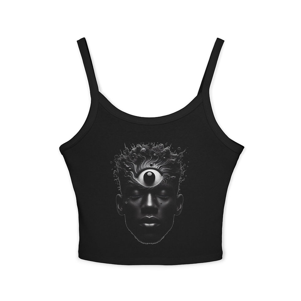 Thumbnail: Third Eye Goddess Tank Top — Mystical Black Portrait Spaghetti Strap Crop