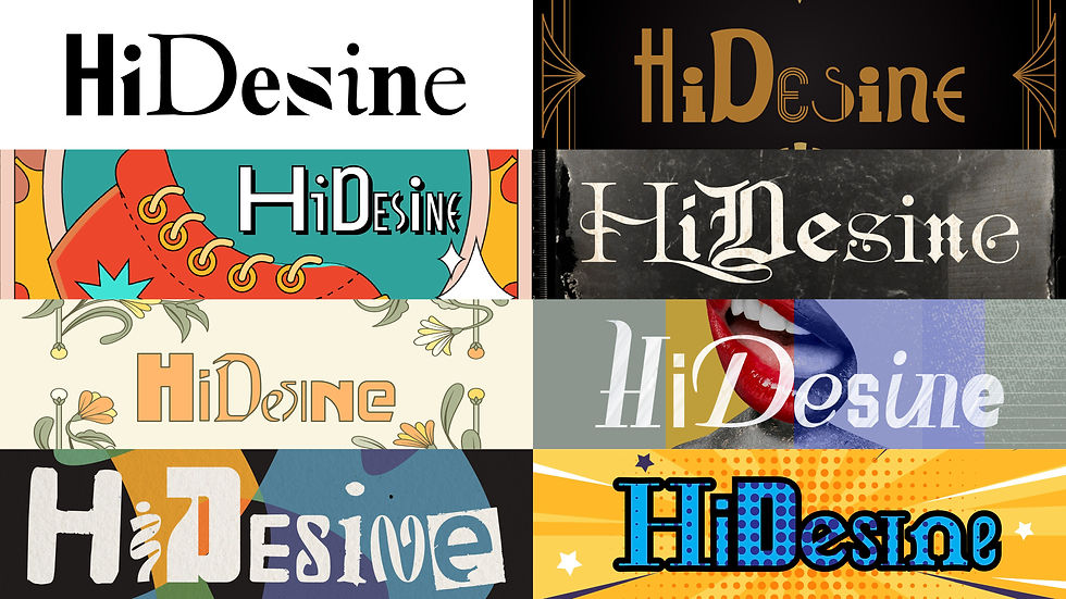 Various "HiDesine" text designs in diverse styles and colors, from classic black to vibrant patterns, displayed across a grid.