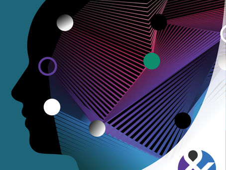 Silhouette of a human head with vibrant geometric patterns and circles in blue, purple, and black. Abstract, futuristic design.