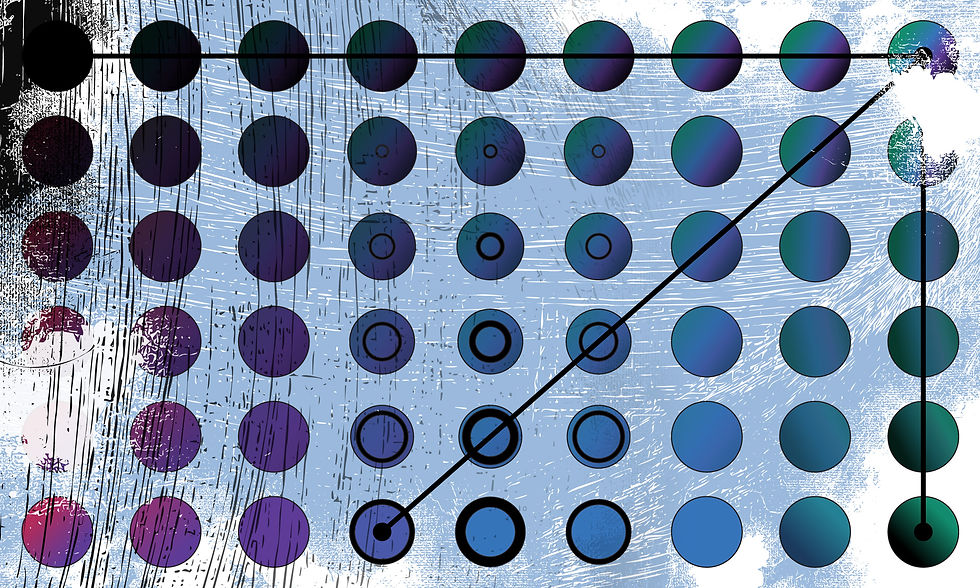 An abstract grid of colorful circles and lines on a textured blue background. Dark sweeps and scratch-like patterns evoke a dynamic mood.