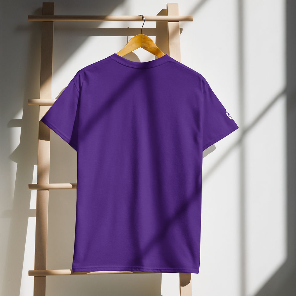 Thumbnail: Purple t-shirt hanging on wooden rack