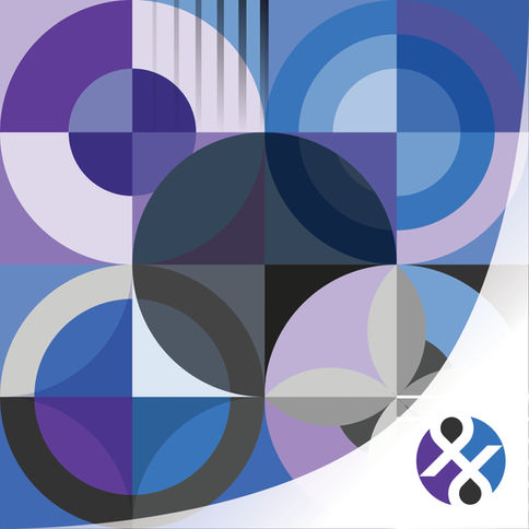 Abstract art with overlapping blue, purple, and grey circles and squares. Vertical white lines add contrast, creating a dynamic pattern.