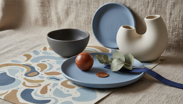 Close-up view of textured fabric, patterned paper, and coloured objects arranged for a photo study.