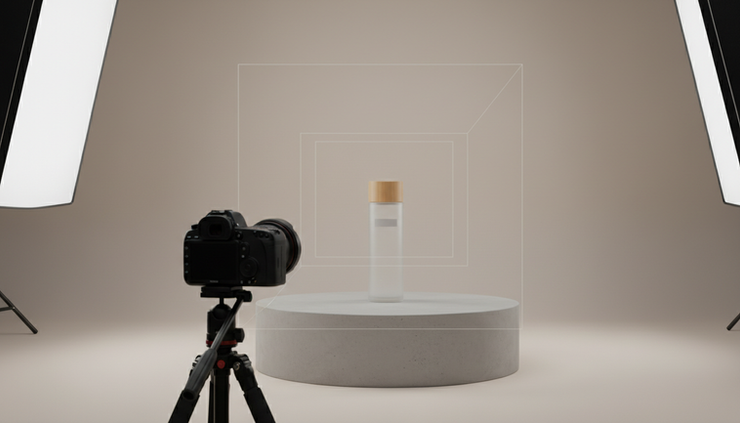 Wide-angle view of a camera facing a simple product scene with horizontal, vertical, and square crop guides.