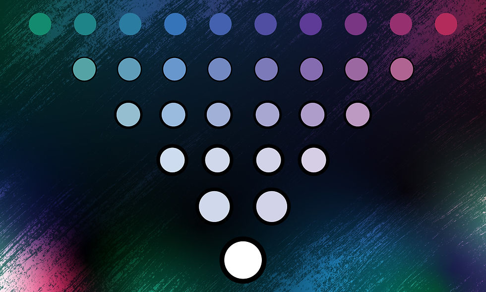 Gradient circles arranged in a funnel on a textured dark background, shifting from green to purple, creating a harmonious blend of colors.