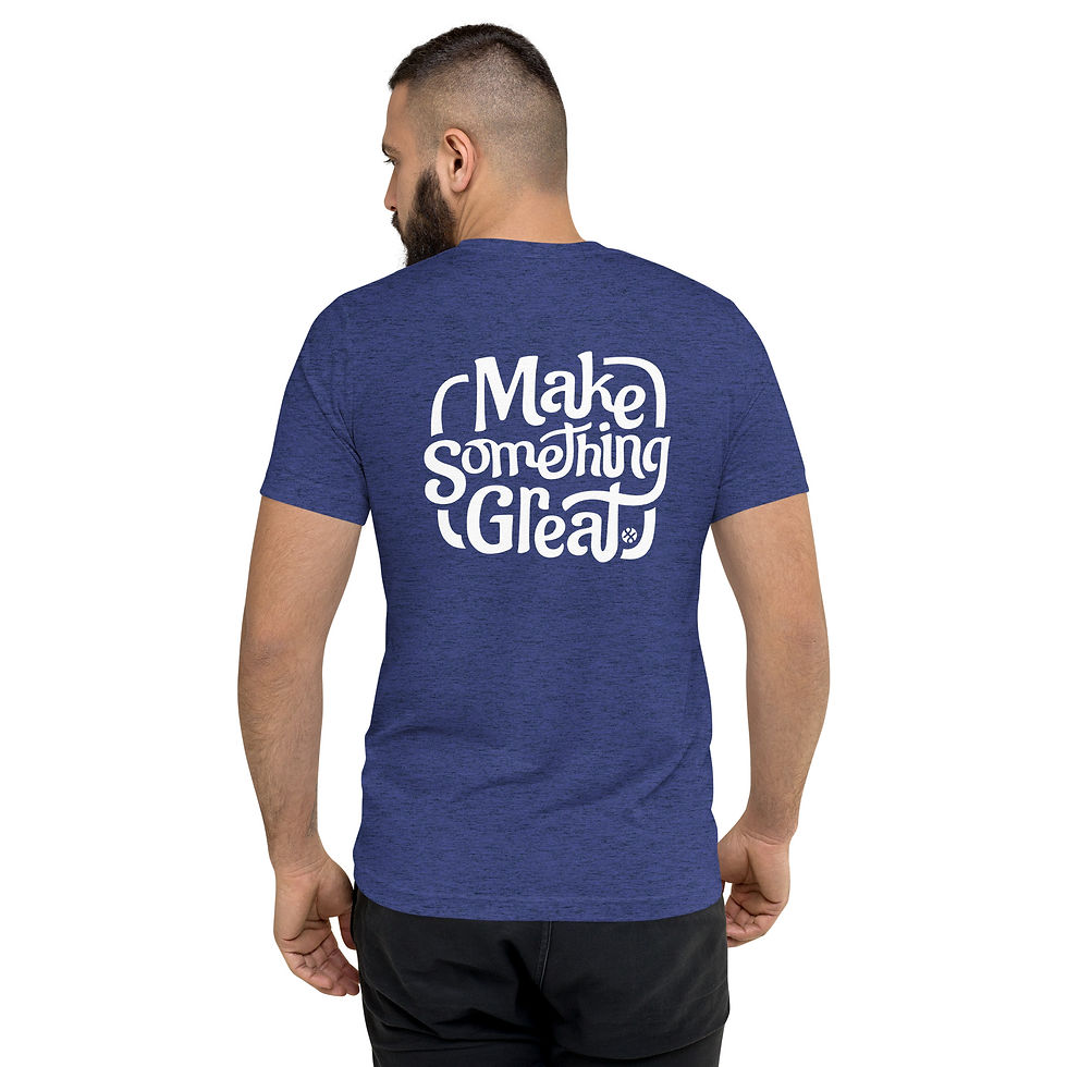 Man in blue "Make Something Great" T-shirt
