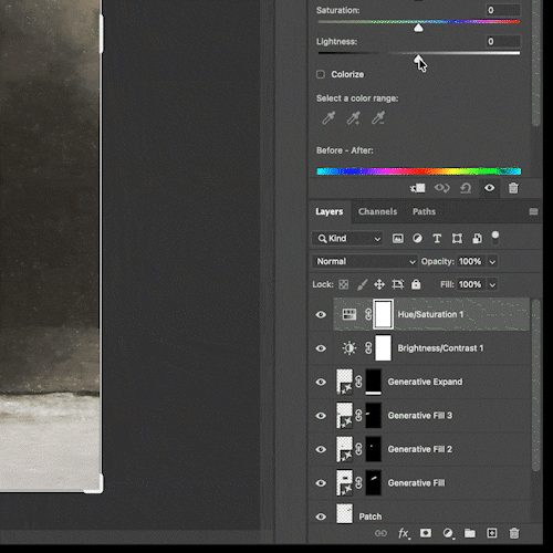 Interfaz de edición digital con capas de Photoshop visibles, mostrando una foto en proceso de ajuste. Las opciones incluyen tono, saturación y relleno generativo.