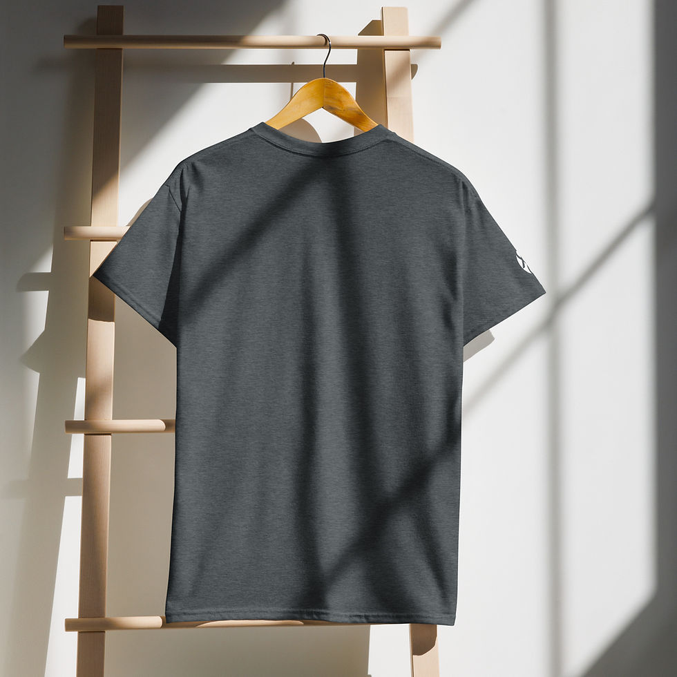 Thumbnail: Dark gray t-shirt hanging on wooden rack