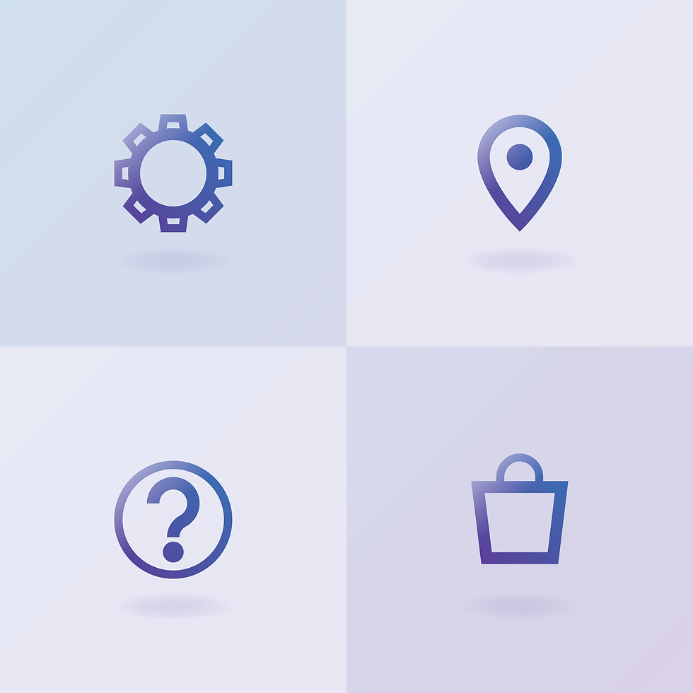 Settings, location, FAQ, and shopping bag icons