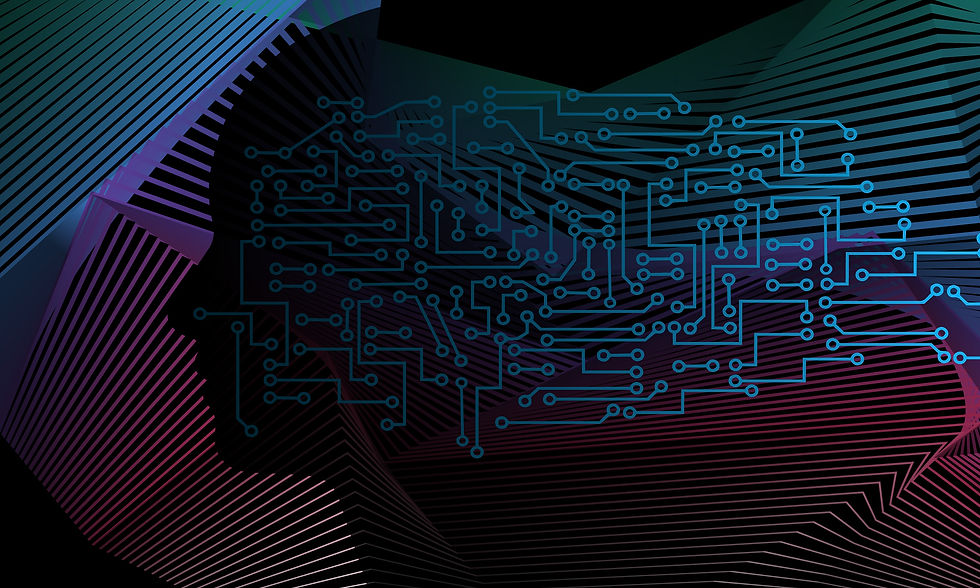 Abstract neon circuit pattern on black with cyan and magenta to symbolize AI, geometric lines and nodes, futuristic digital tech feel