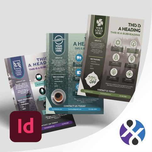 Three colorful flyers with headings, logos, and subheadings. Text includes "20% OFF". Includes nature-themed icons and background.