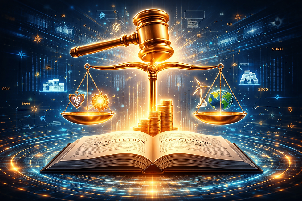 Glowing gavel above an open constitution with scales of justice balancing healthcare, economic, and environmental icons in a futuristic blue and gold setting