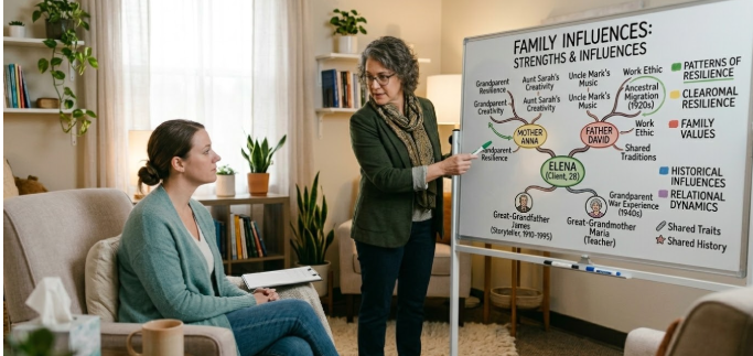 Addiction therapist guiding a client through intergenerational patterns and recovery strategies.