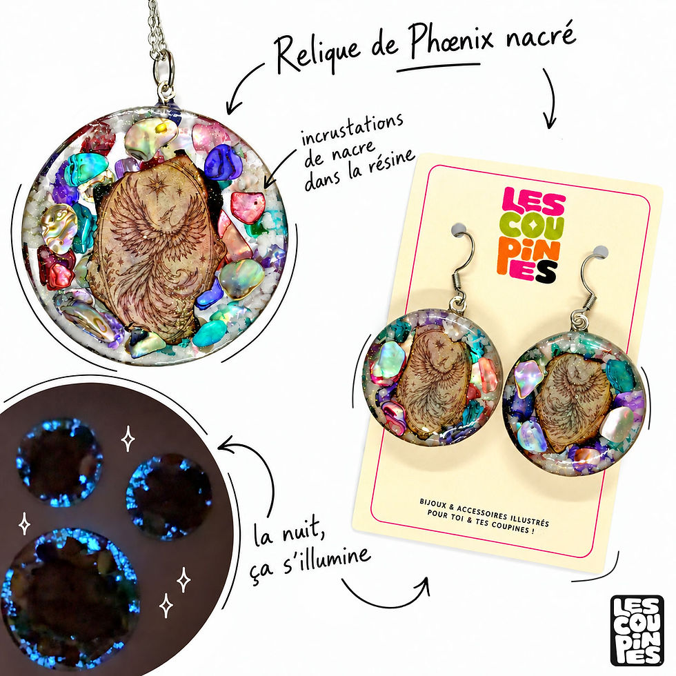 Miniature : Parure Relique de Phœnix nacré en résine avec incrustations de nacre colorée, collier et boucles d’oreilles artisanales Les C