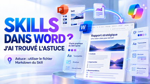 Illustration Microsoft 365 Copilot montrant comment réutiliser un Skill PowerPoint dans Word grâce à un fichier Markdown pour appliquer automatiquement couleurs, typographies, structure et mise en forme.