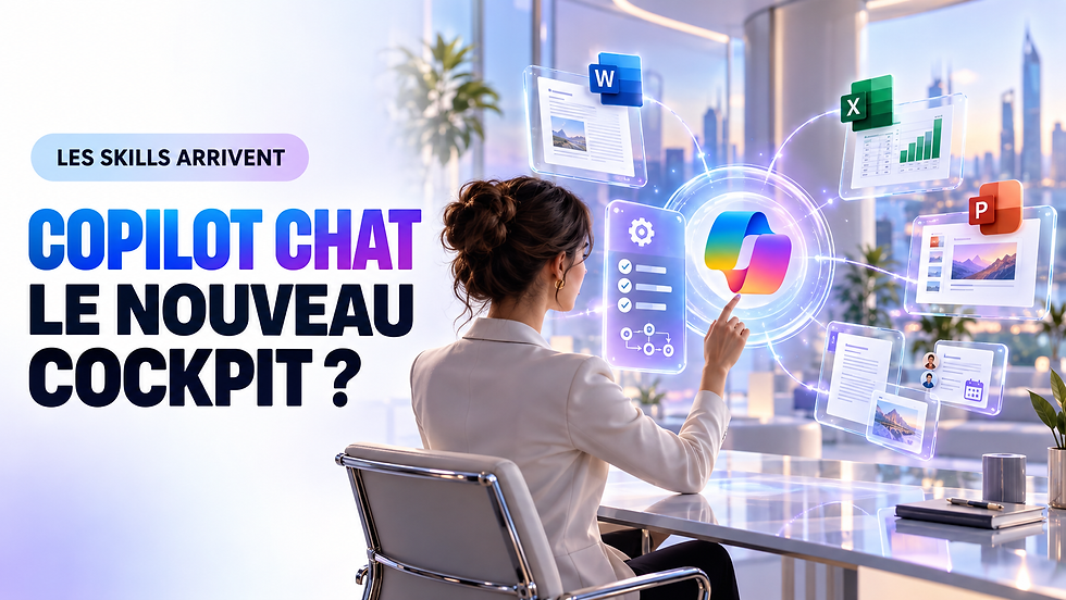 Microsoft Copilot Chat devient le cockpit de Microsoft 365 avec l'arrivée des Skills. Illustration d'une collaboratrice utilisant Copilot pour accéder aux applications Word, Excel et PowerPoint et automatiser ses tâches grâce à des compétences personnalisées.