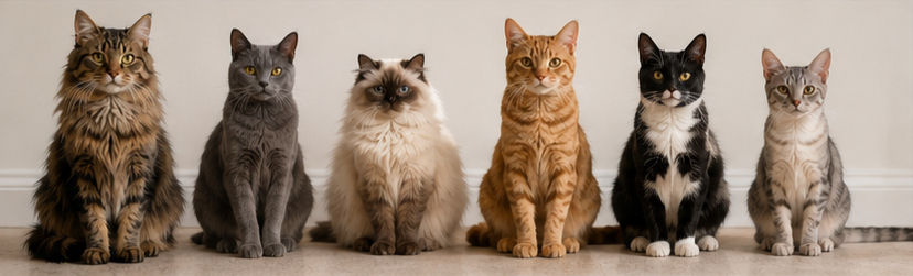 Six cats sit in a line on a light-colored floor against a pale wall. They display a variety of fur colors and patterns, appearing calm.