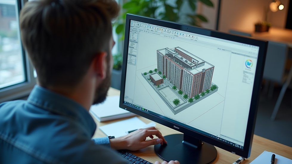 High angle view of an engineer working on 3D modeling software for building design