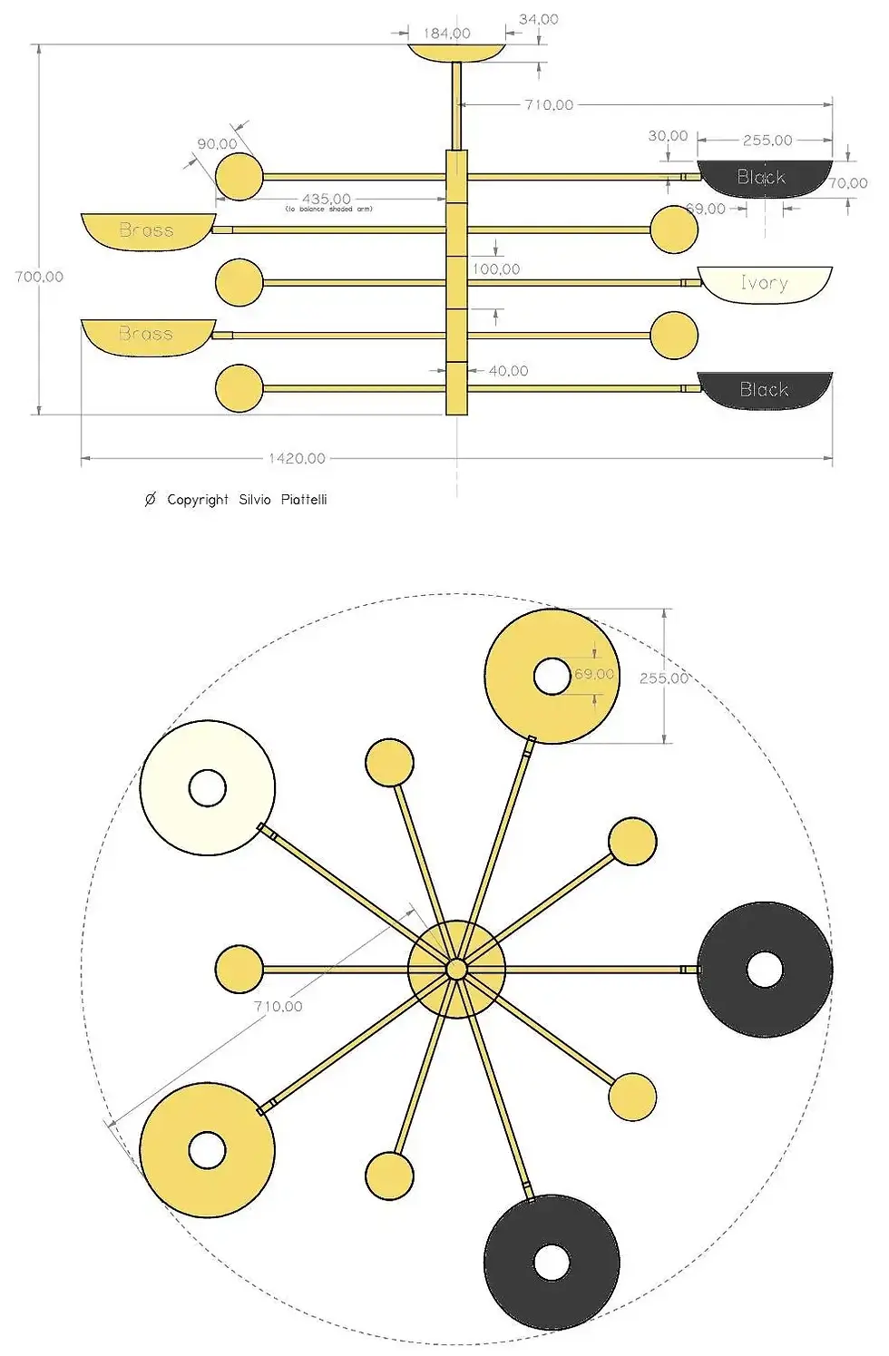 Thumbnail: Orbitale Brass Chandelier 5 Rotating Balanced Arms, Stilnovo Style, Brass Shades