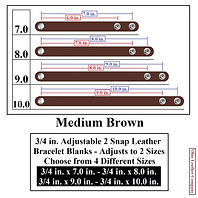 3-4 in. Adjustable 2 Snap Leather Bracelet Blanks - Medium Brown -2 Sizes - 3-4in. x 7 in