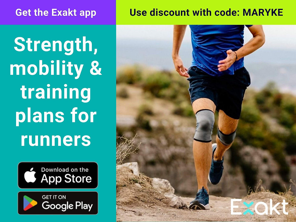 An advert for the Exakt App showing a runner running with knee supports. Text: Injury rehab & training plans for runners. Claim your discount with code: Maryke Get the Exakt app from Google Play or Apple App stores.