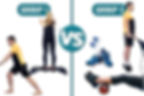 Group one includes a woman doing her calf raise exercises over a step and a man stretching his calf and Achilles tendon. Group 2 includes a man doing his calf raise exercises to floor level while wearing heeled running shoes, a woman foam rolling her calf muscles, a par of running shoes with heels and heel-lifting shoe inserts.