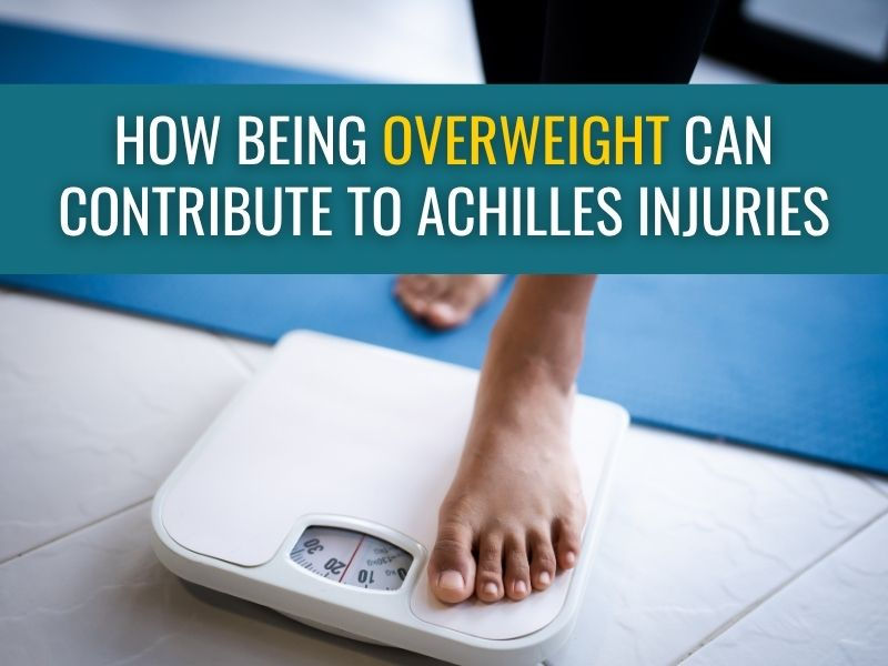 A person stepping onto a bathroom scale and the words: How being overweight can contribute to Achilles injuries