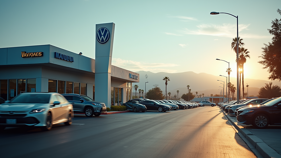 Eye-level view of a modern car dealership in San Dimas, CA