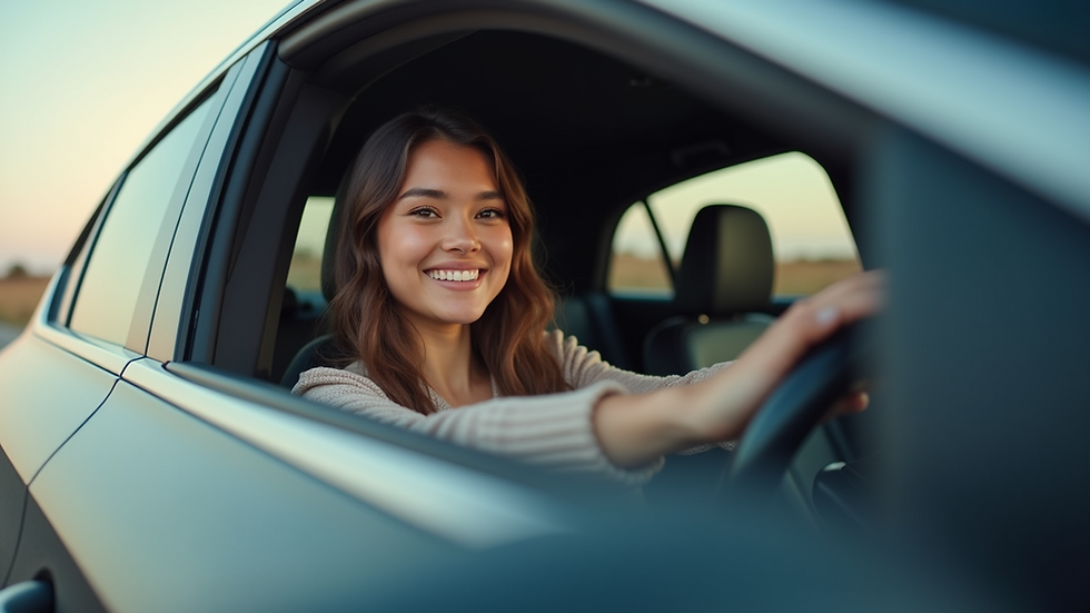 Eye-level view of a person smiling while sitting in a new car