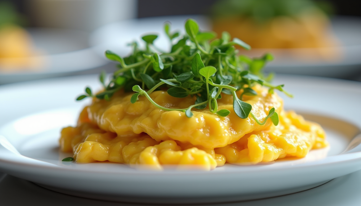 Close-up view of a plate with scrambled eggs garnished with fresh microgreens