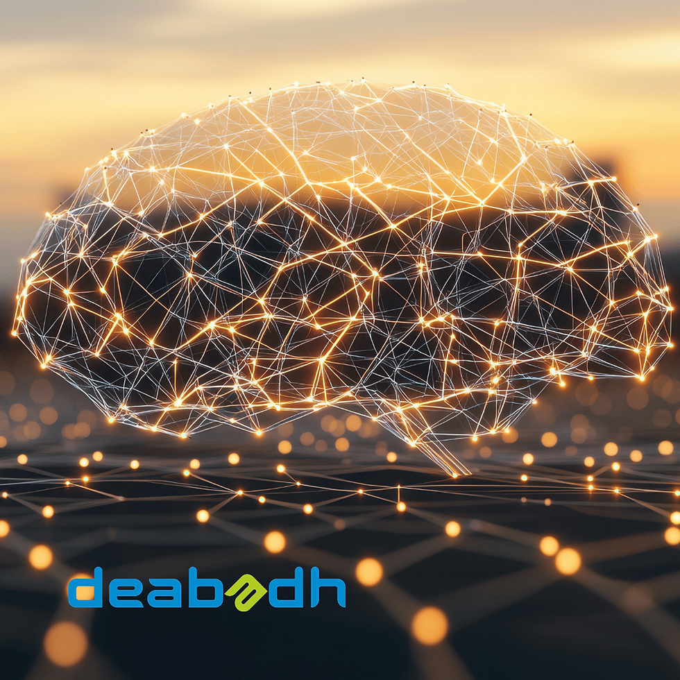 A glowing network shaped like a human brain formed by interconnected golden nodes against a dark background. The image represents distributed intelligence and systemic connection, aligning with the articleâs theme that modern intelligence emerges through relationships, coherence, and presence rather than individual brilliance. The Deabadh logo appears in the bottom corner.