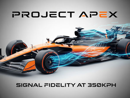A stylized, futuristic concept art of a McLaren Formula 1 car for the 2026 season, featuring a sleek, aerodynamic design in papaya orange and black. The car is surrounded by glowing electric blue digital data streams and circuitry overlays, symbolizing the integration of high-fidelity telemetry and signal processing in modern motorsport.