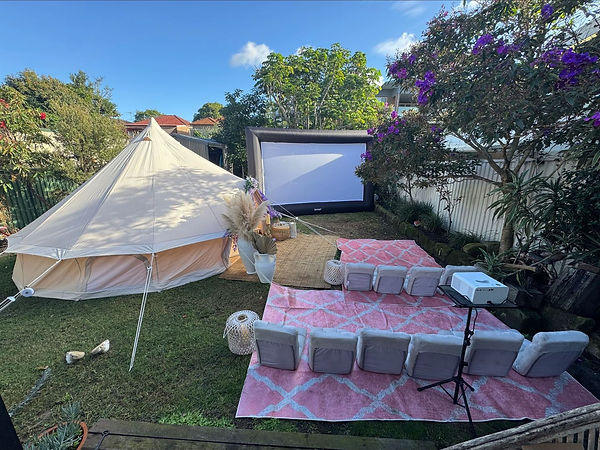 5M bell tent with our 5M outdoor cinema package add-on for a Birthday party in the Hills District, Sydney