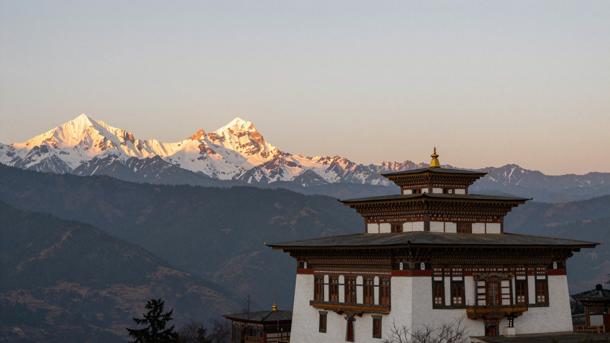 Editorial illustration of architecture and Himalayan mountains