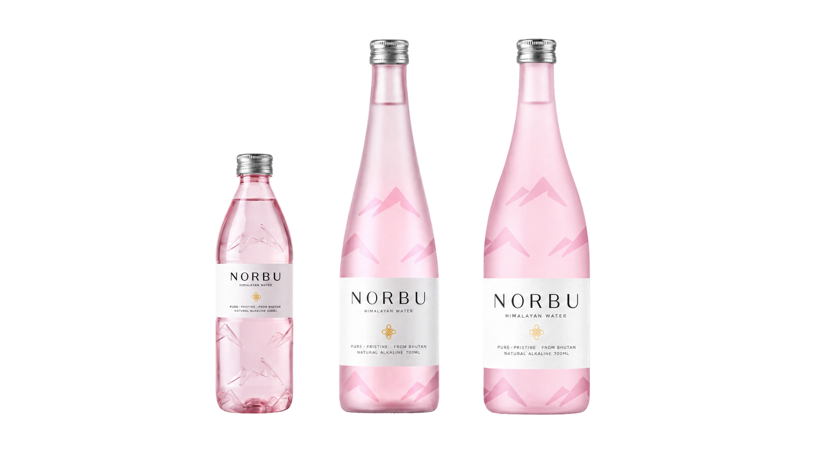 NORBU bottle designs with pink bodies and silver caps