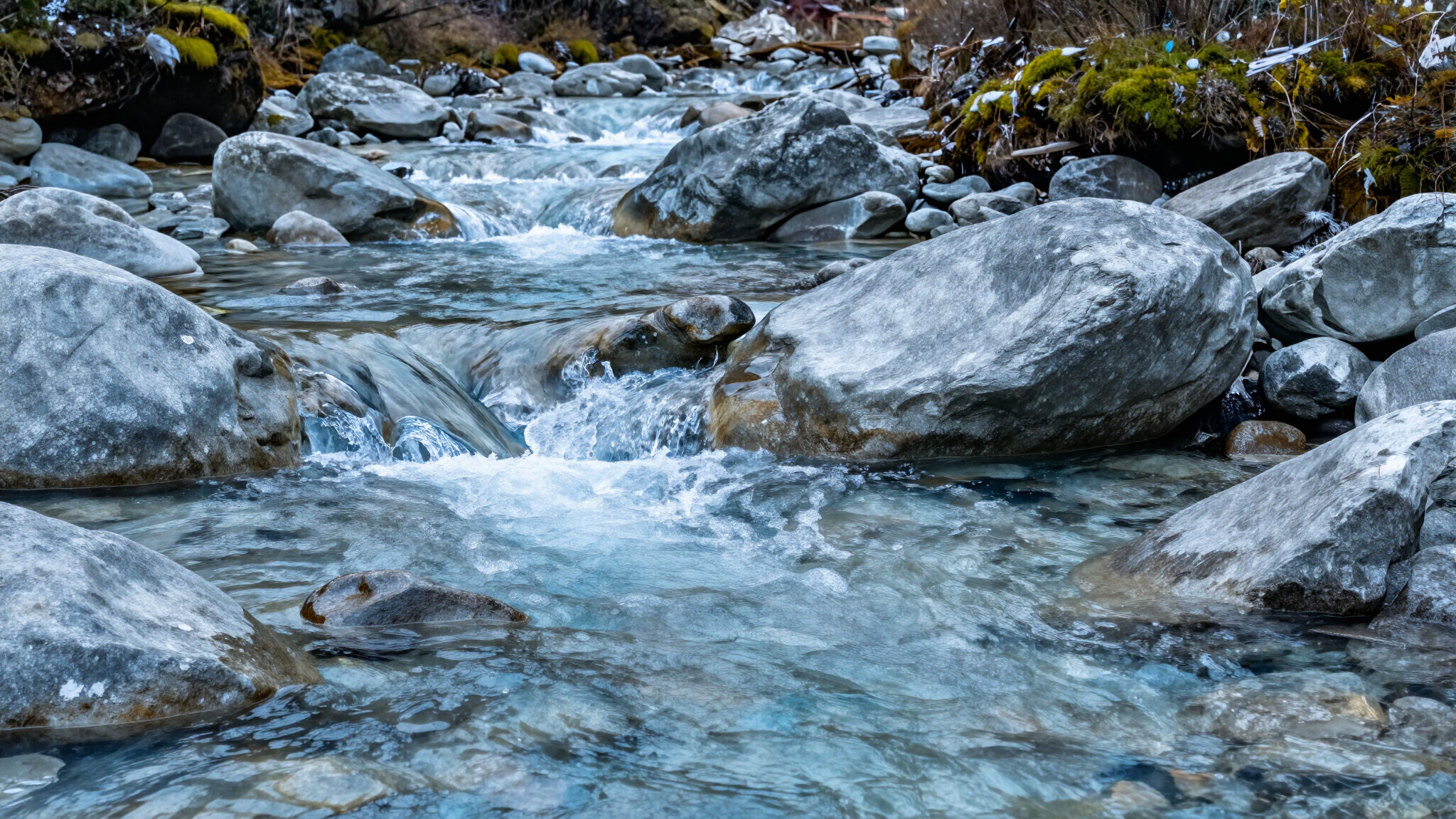 Editorial illustration of a rocky mountain stream