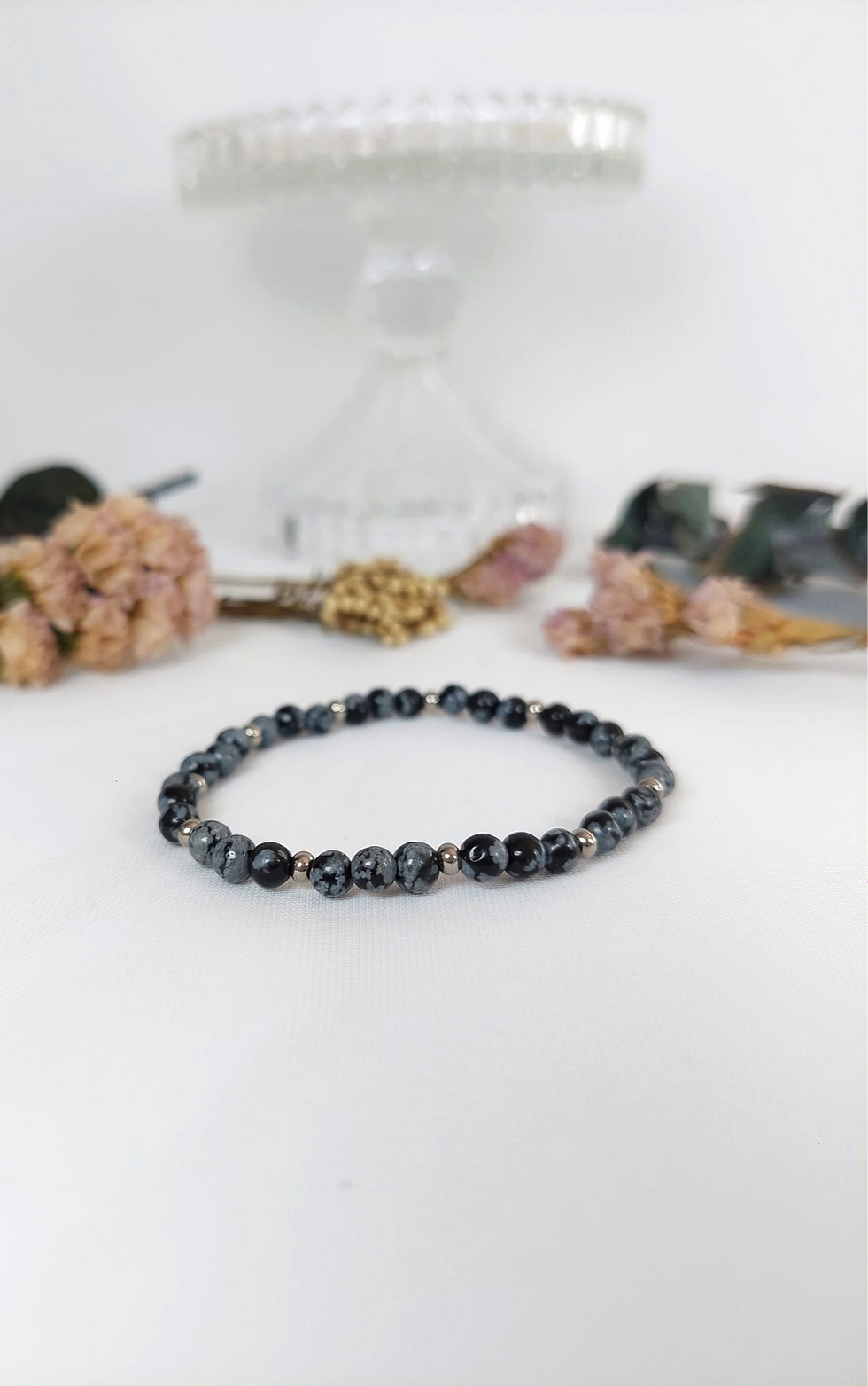 Miniaturbild: Schneeflockenobsidian Armband Edelstahl, Gummiband